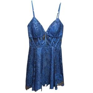 Blondie Nites Women's Skater Dress Royal Blue Glitter Mesh Corset Spaghetti Sz 9